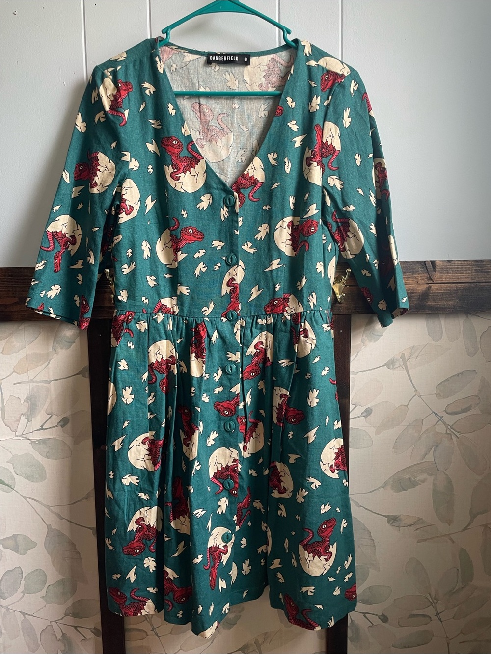 Dangerfield Teal Midi Dress with Red Dino Print